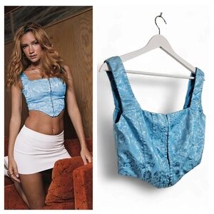 Princess Polly Delaney Childs Blue Satin Crop Top Size 6 Square Neck Embroidered